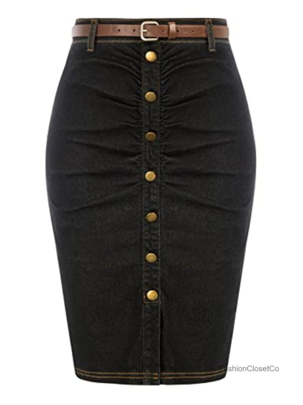 Denim Pencil Skirt High Waisted Ruched Bodycon with Belt Knee Length